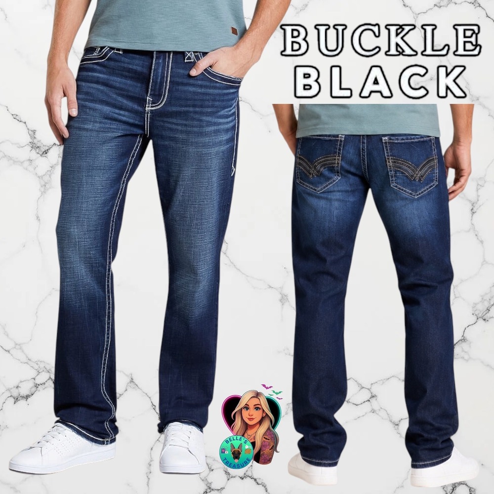 Buckle Black Fit No 9 Mens Bootcut Jeans Dark Wash Contrast Stitch 36x32 Stretch